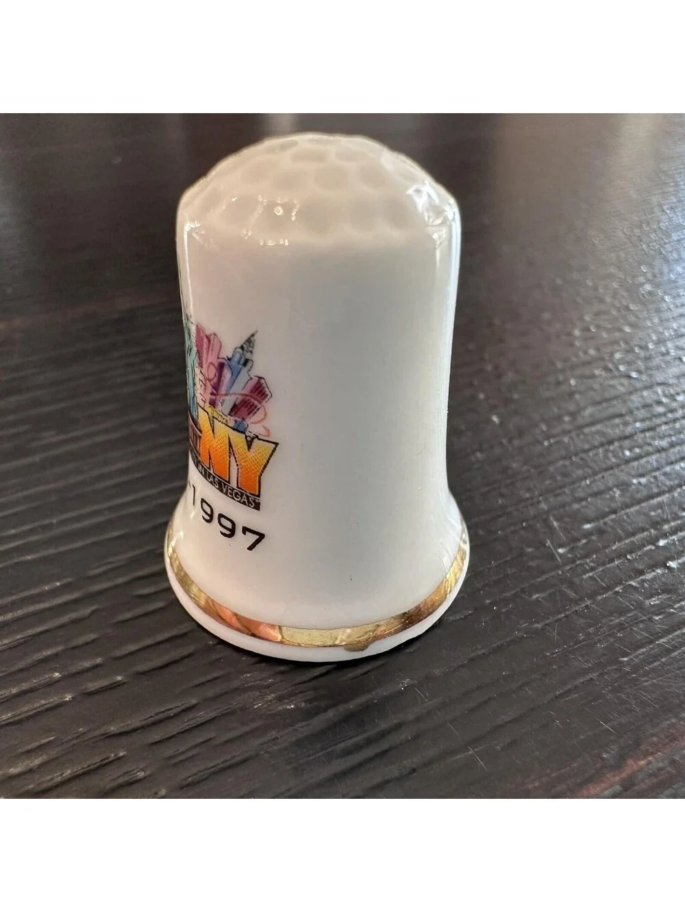 Vintage NYNY New York New York Las Vegas Souvenir Thimble Est 1997 Gold Trim EUC